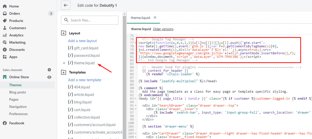 pegamos el codigo de google tag manager en shopify